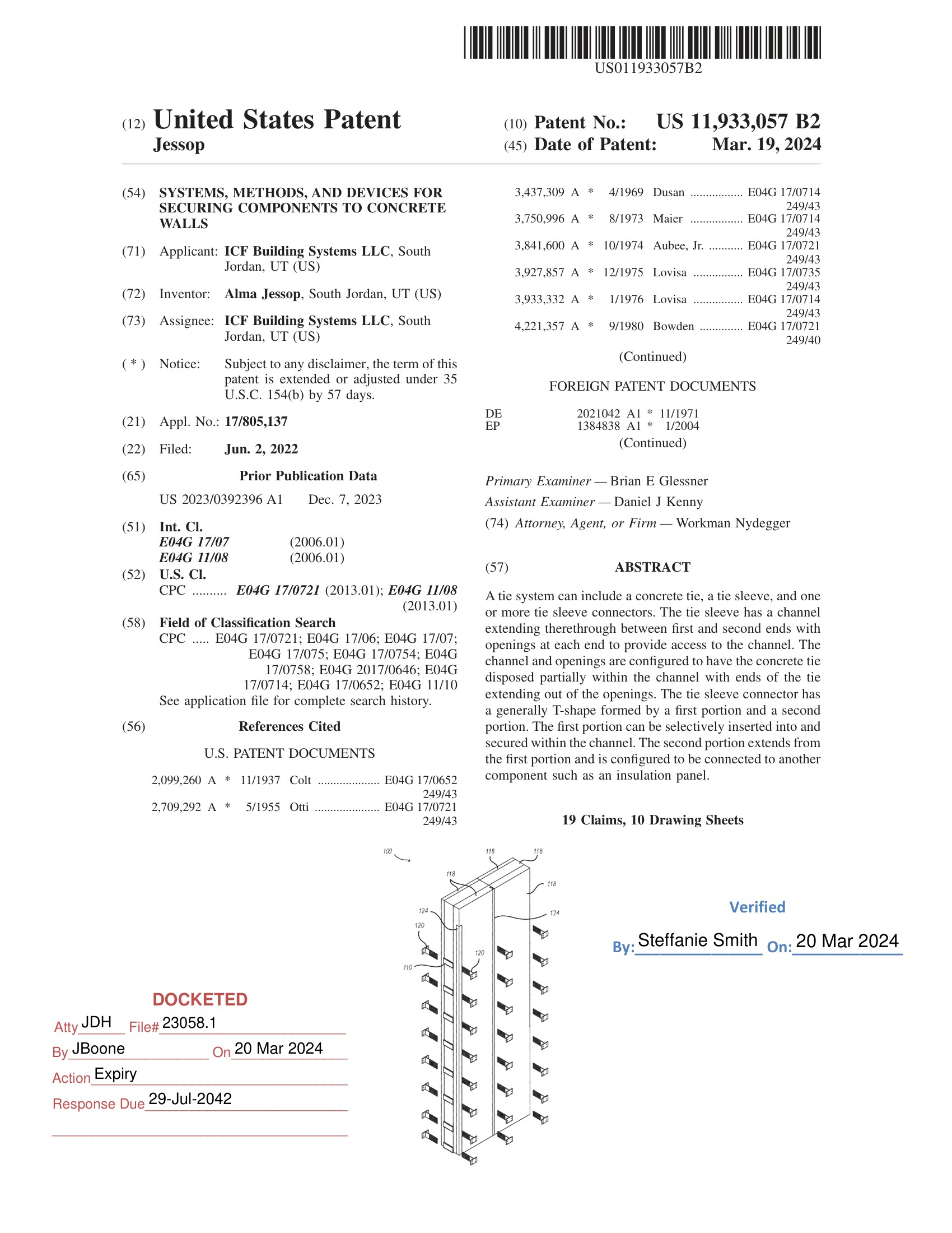 US Patent 11,933,057 B2 first page — Systems, Methods, and Devices for Securing Components to Concrete Walls