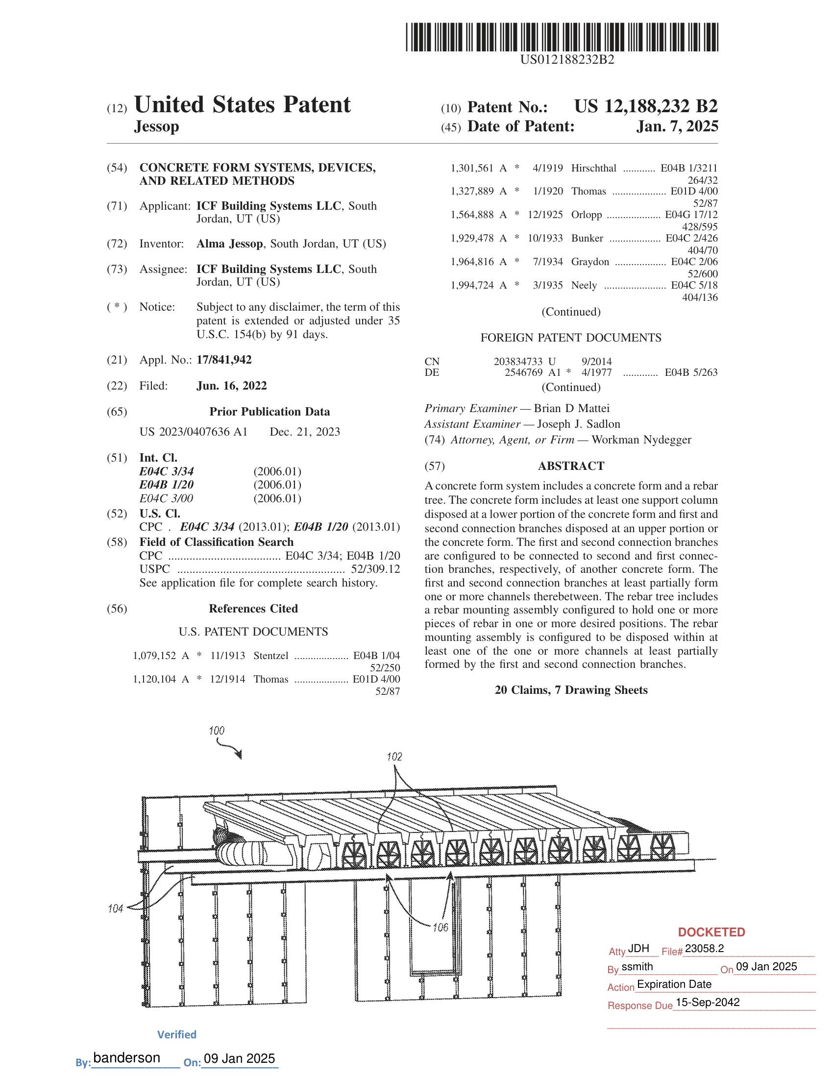 US Patent 12,188,232 B2 first page — Concrete Form Systems, Devices, and Related Methods