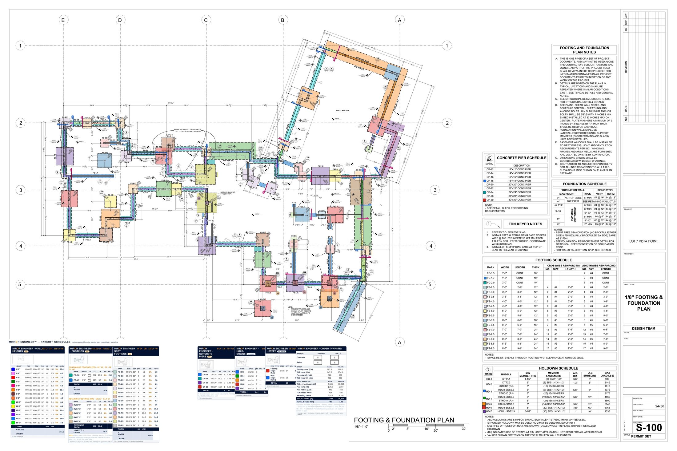 Mirror Engineer 36x24 takeoff sheet — painted plan + schedules